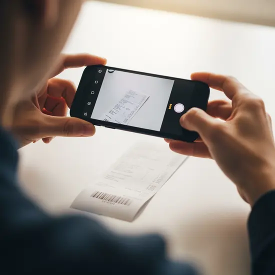 Person fotografiert eine Quittung mit dem Smartphone an einem hellen Schreibtisch; Fokus auf Handlung, keine lesbaren Details.