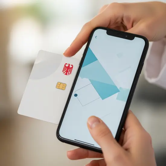 Frau hält ihre elektronische Gesundheitskarte neben ein NFC-fähiges Smartphone; neutrale App-Oberfläche ohne lesbaren Text.