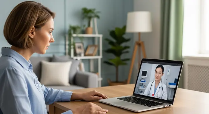 Patientin im Videoanruf mit Ärztin auf einem Laptop in einer ruhigen Wohnumgebung; keine lesbaren UI-Elemente.