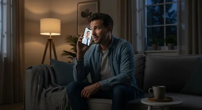 Mann telefoniert nachts auf dem Sofa mit einem medizinischen Experten; gedimmtes Licht, beruhigende Szene.