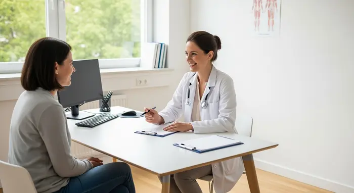 Patient spricht mit Spezialistin in einer Klinik, Beratungsgespräch in einem hellen Raum, freundlicher Austausch.