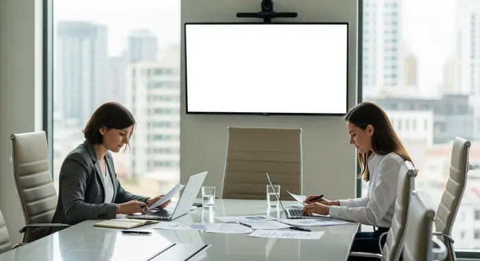 Business-Meeting in modernem Konferenzraum, zwei Personen prüfen Unterlagen und arbeiten am Laptop; keine Charts oder lesbaren Texte sichtbar.
