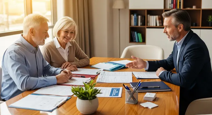 Älteres Paar vergleicht gemeinsam mit einem Versicherungsberater Unterlagen an einem großen Holztisch; entspannte Beratung, keine lesbaren Dokumente.