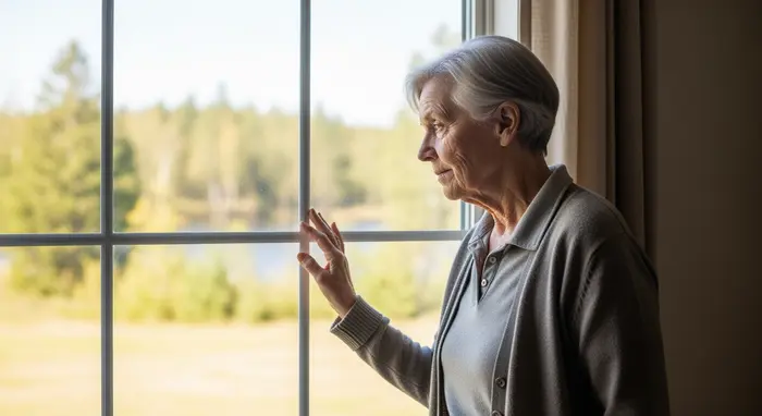 Senior steht nachdenklich am Fenster und blickt nach draußen; ruhige, helle Atmosphäre, symbolisiert schwierige Entscheidungen.