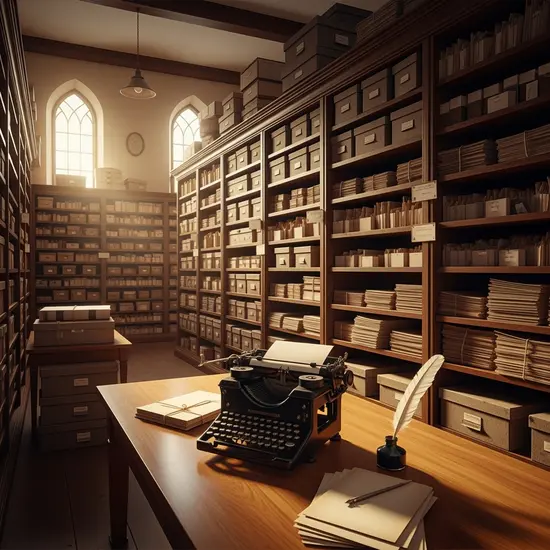 Historischer Archivraum mit Aktenregalen und alter Schreibmaschine auf einem Holztisch, warmes Licht, symbolisiert Unternehmensgeschichte ohne lesbare Dokumente.