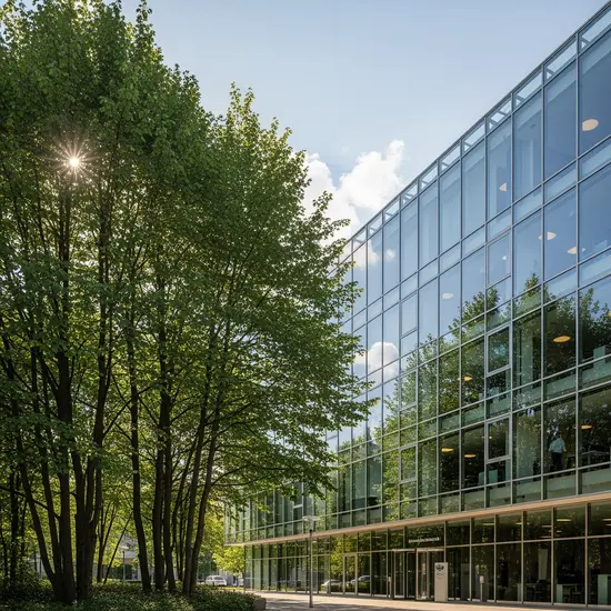 Moderne Unternehmenszentrale in Stuttgart, klarer Glasbau mit Bäumen im Vordergrund, sonniger Tag, betont Kontinuität und Neuanfang.
