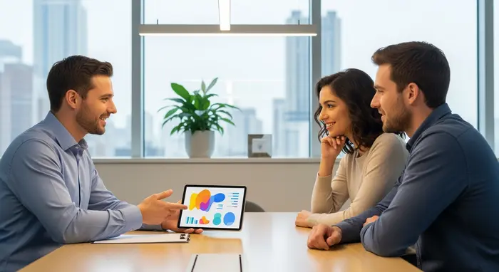 Berater erklärt einer jungen Familie in einem modernen Büro verschiedene Tarifoptionen auf einem Tablet, keine lesbaren UI-Details, freundliche Stimmung.