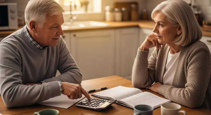 Älteres Paar sitzt am Küchentisch mit Taschenrechner und Kalender, bespricht Versicherungsbeiträge; warme, wohnliche Umgebung, keine lesbaren Dokumente.