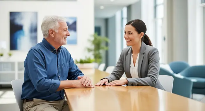 Älterer Herr wird in einem modernen Beratungszentrum von einer Mitarbeiterin der Rentenversicherung freundlich informiert; helle Umgebung, keine lesbaren Dokumente.