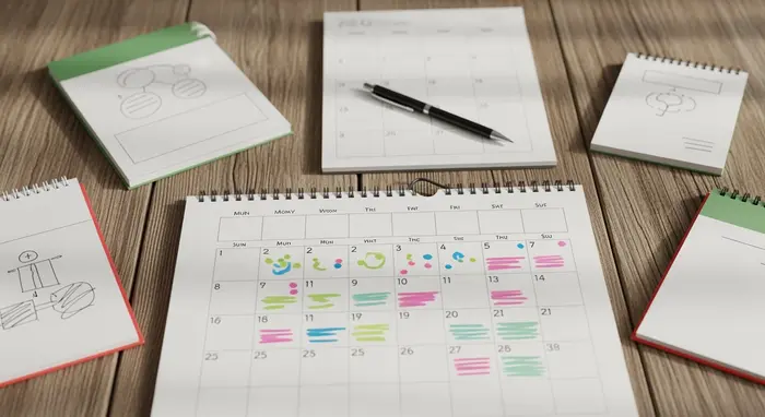 Kalender und Notizzettel auf Holztisch, Markierungen für Pflegephasen; keine lesbaren Texte.