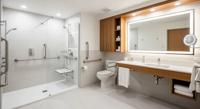 Modernes, barrierefreies Badezimmer mit Haltegriffen, bodengleicher Dusche und Duschsitz; klare Linien, helles Licht.