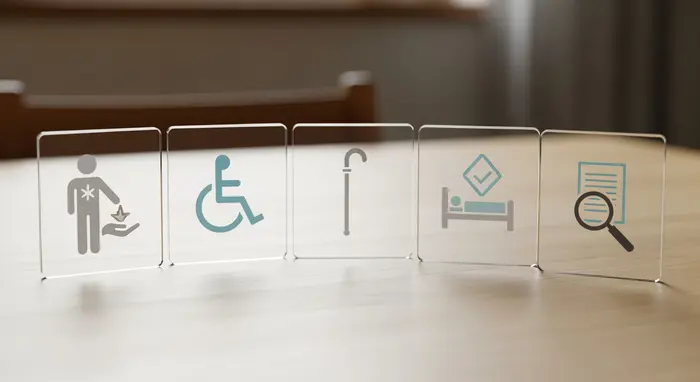 Fünf klare Symbolkärtchen mit Pflegegrad-Icons auf einem Tisch arrangiert; neutrale Farben, keine lesbaren Texte.