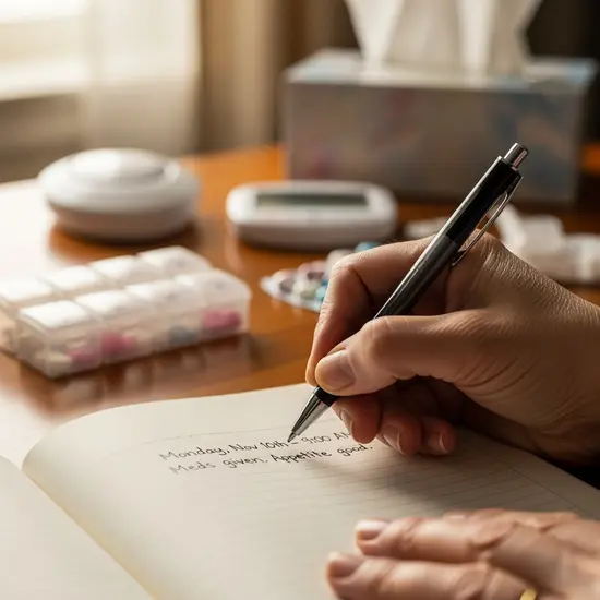 Detailaufnahme einer Hand, die in ein Pflegetagebuch schreibt; weiches Licht, Fokus auf Vorbereitung.