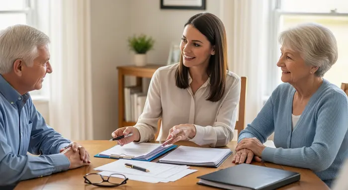Pflegeberaterin erklärt einem älteren Paar am Esstisch wichtige Unterlagen, Stift und Lesebrille liegen bereit, freundliche Atmosphäre mit Tageslicht