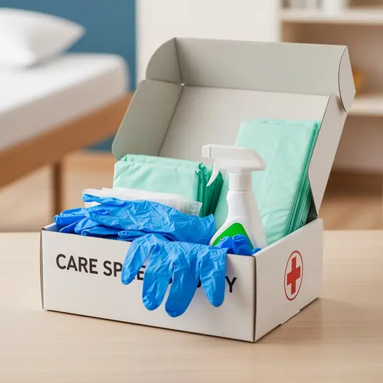 Geöffnete Pflegebox mit Einmalhandschuhen, Desinfektionsmittel und Bettschutzeinlagen auf einem Tisch