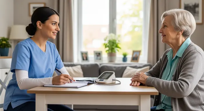 Pflegefachkraft führt einen Beratungsbesuch bei einer Seniorin zu Hause durch, Notizblock und Blutdruckmessgerät auf dem Tisch