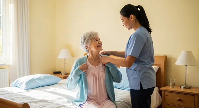 Seniorin erhält Unterstützung von ambulanter Pflegekraft beim Anziehen, freundliches Lächeln, helles Schlafzimmer