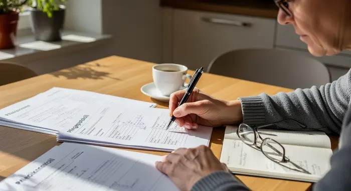 Pflegeprotokoll wird sorgfältig am Küchentisch ausgefüllt, Stift und Unterlagen bereit