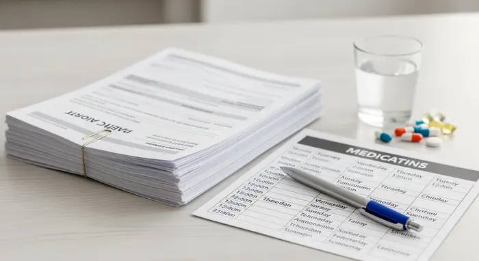 Geordneter Stapel medizinischer Unterlagen und Medikationsplan auf dem Tisch