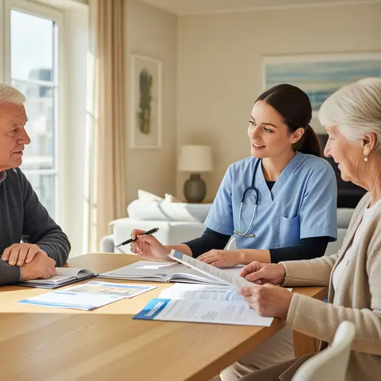 Pflegerin berät älteres Paar am Esstisch zu Pflegeversicherung, mit Unterlagen und Stift in heller Wohnung