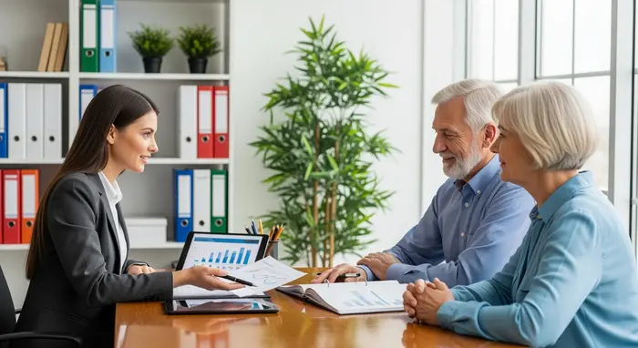 Beraterin erklärt einem älteren Paar am Schreibtisch die Leistungen der Pflegeversicherung, helles Büro mit Ordnern und freundlicher Atmosphäre