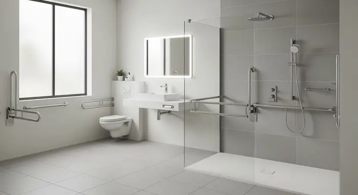 Barrierefreies Bad mit bodengleicher Dusche und Haltegriffen, hell und modern