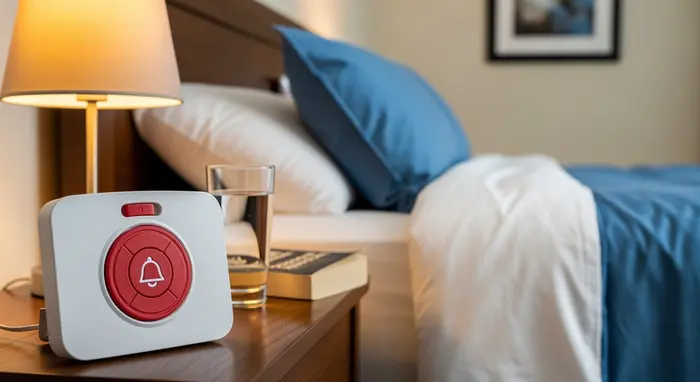 Hausnotruf-Gerät auf einem Nachttisch neben einem Bett, klar erkennbarer Notfallknopf