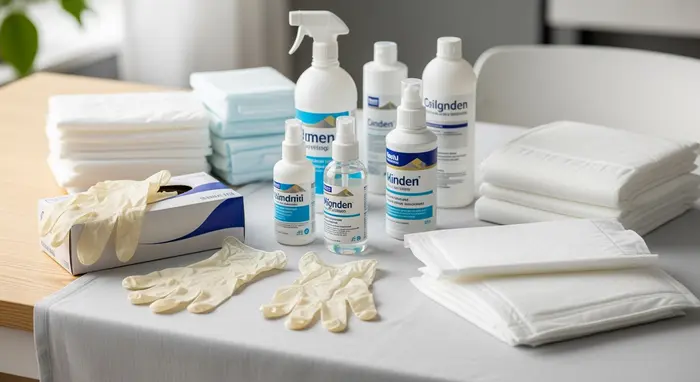 Pflegehilfsmittel wie Handschuhe, Desinfektionsmittel und Bettschutzeinlagen auf einem Tisch