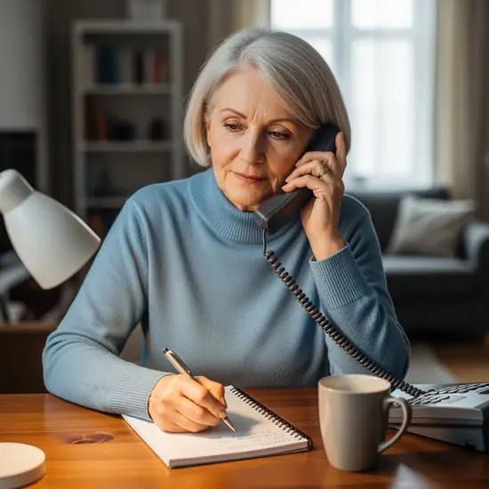 Ältere Frau führt ein Telefonat mit einer Servicehotline, Notizblock liegt bereit
