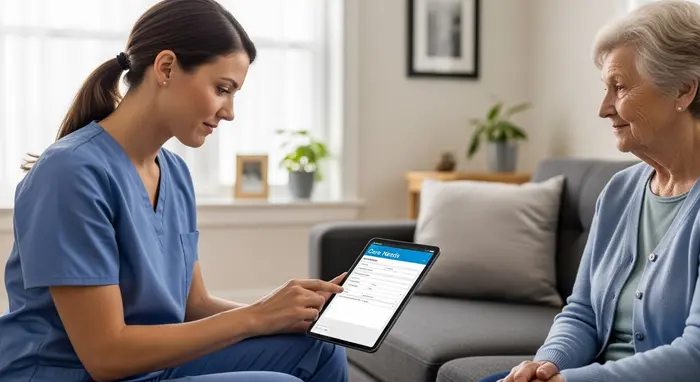 Pflegefachkraft dokumentiert Pflegebedarf am Tablet während eines Hausbesuchs