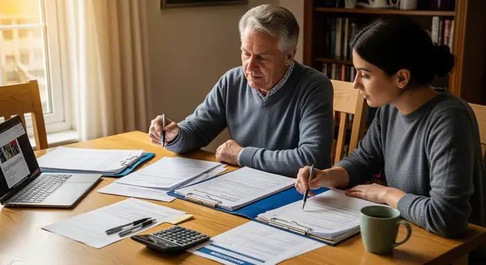 Senior und Angehörige bereiten gemeinsam Unterlagen für die Begutachtung vor