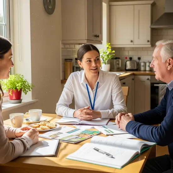 Pflegeberaterin spricht einfühlsam mit einem Senior und dessen Tochter am Küchentisch, Notizen und Broschüren liegen bereit
