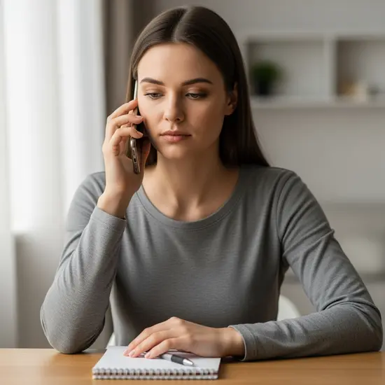 Junge Frau telefoniert mit einer Beratungsstelle, ruhiger Hintergrund, Notizblock und Stift