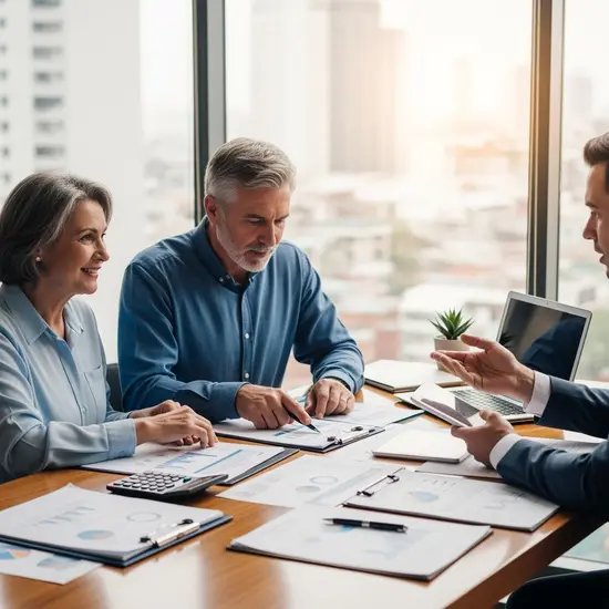Älteres Paar bespricht Finanzunterlagen mit einem Berater, Taschenrechner und Dokumente auf dem Tisch