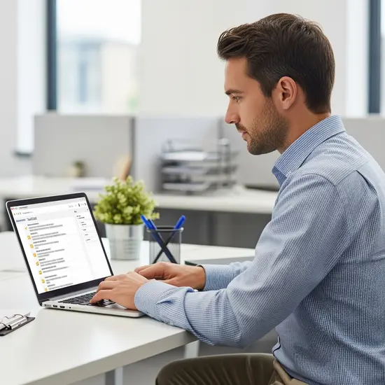 Pflegeberater koordiniert Dienstleistungen am Laptop, Liste mit Aufgaben sichtbar ohne lesbaren Text