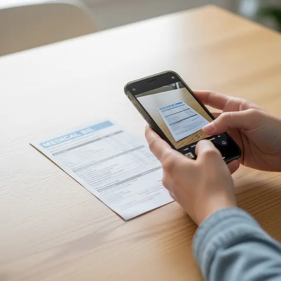 Person fotografiert eine Arztrechnung mit dem Smartphone auf einem hellen Holztisch, saubere Umgebung