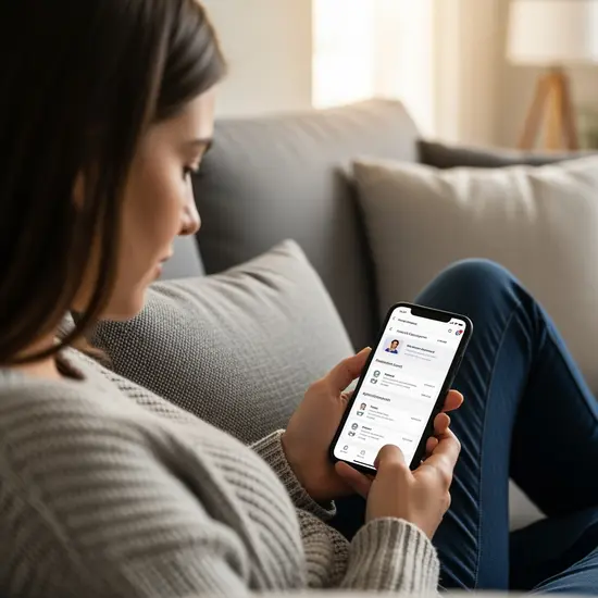 Junge Frau verwaltet Gesundheitsdokumente auf einem Smartphone, entspannt auf dem Sofa sitzend