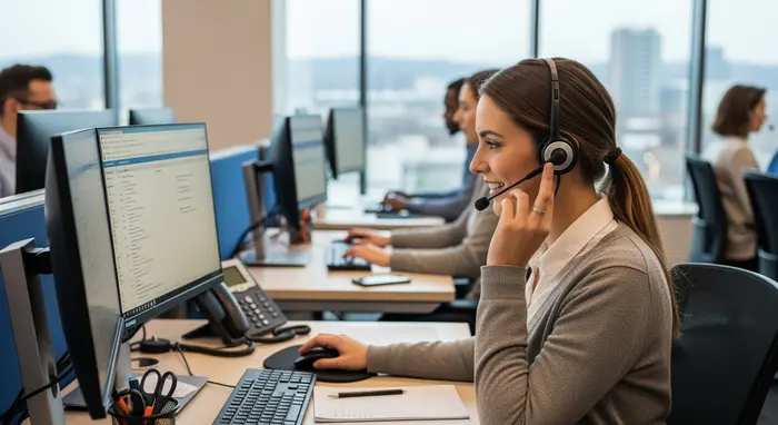 Freundliche Callcenter-Mitarbeiterin mit Headset in einem modernen Servicecenter, konzentriert im Gespräch