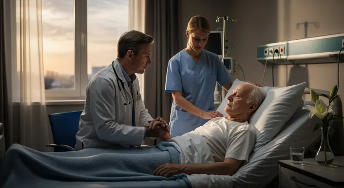 Palliativpflegeteam betreut einen älteren Patienten im Bett, ruhige und würdevolle Atmosphäre