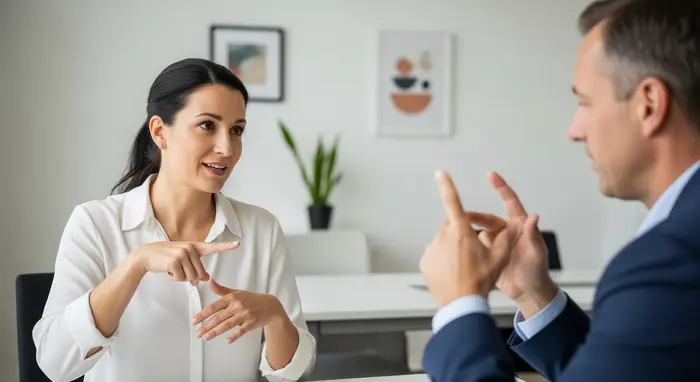Beraterin in Gebärdensprache im Gespräch mit einem gehörlosen Klienten, neutrale Umgebung