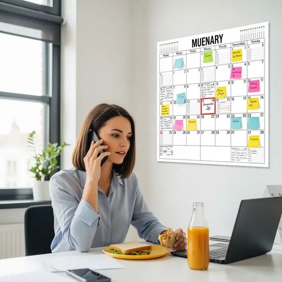 Berufstätige Tochter telefoniert in der Mittagspause, Kalender mit Terminen im Hintergrund