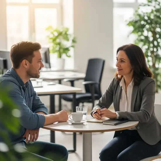 Mitarbeiter spricht mit HR-Beraterin über Pflegezeit, entspanntes Bürogespräch