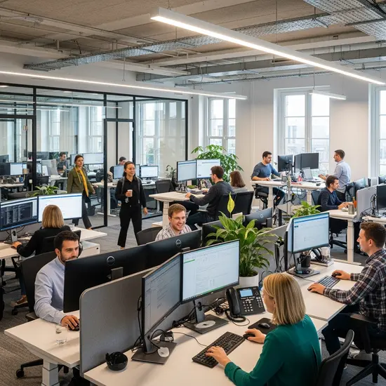 Modernes Großraumbüro mit Mitarbeitenden am Computer, freundliche Arbeitsatmosphäre, helle Beleuchtung