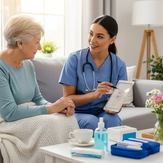 Pflegefachkraft besucht Pflegebedürftige zu Hause und erklärt Pflegetechniken, freundliche Interaktion