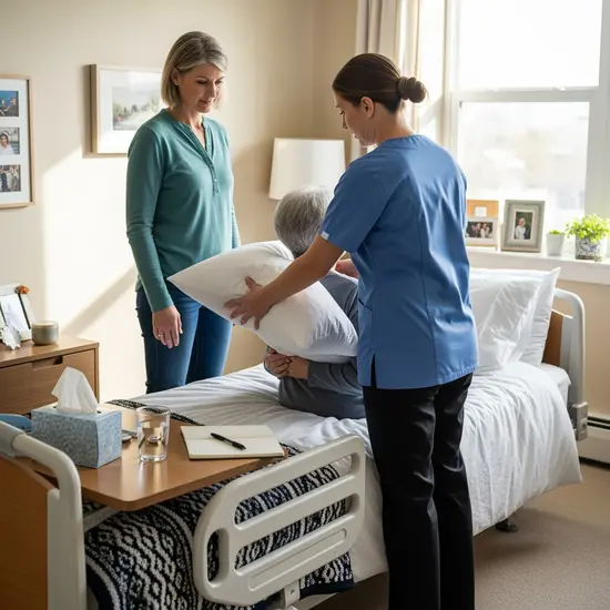 Pflegekraft schult Angehörige in der Wohnung einer Seniorin, praktische Tipps am Pflegebett