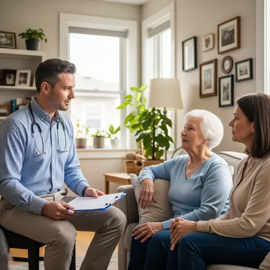Medizinischer Gutachter spricht beim Hausbesuch mit einer Seniorin und Angehörigen im Wohnzimmer, Klemmbrett in der Hand