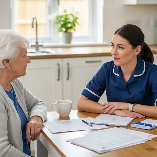 Pflegefachkraft und Seniorin im Gespräch am Küchentisch, respektvolle Atmosphäre, Unterlagen liegen bereit