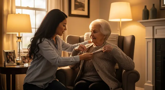 Tochter hilft ihrer betagten Mutter beim Anziehen im Wohnzimmer, warmes Licht, fürsorgliche Geste