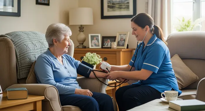 Ambulanter Pflegedienst versorgt Seniorin zu Hause, Pflegekraft misst Blutdruck
