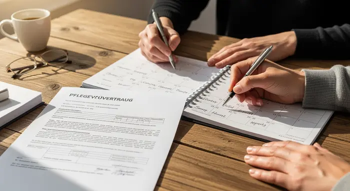 Pflegevertrag und Kalender auf Holztisch, Hände eines Angehörigen planen Pflegetermine